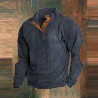 Maximilian | Herren Retro Rippstrick Pullover mit Knopfkragen und Ellbogenpatches – Marine
