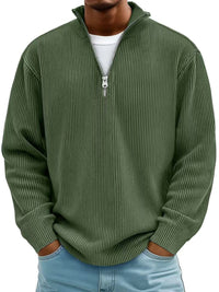Simon | Herren Rippstrick Quarter-Zip Pullover Sweater mit Stehkragen – Olivgrün