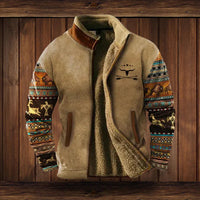 Niklas | Herren Western-Cardigan Fleece gefüttert mit Azteken-Aufdruck – Braun mit Aufdruck