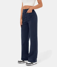 Palazzo Hose für Damen - Leichte weite Hose mit Knopfleiste für den Sommer – Marine