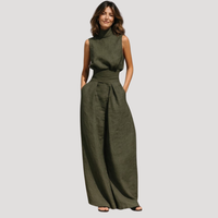 Ilaria | Damen Zweiteiler Rollkragen Oberteil Weite Hose Set – Militärgrün