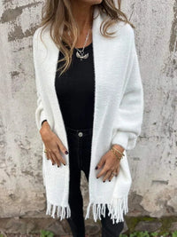 Nele | Damen Lange Offene Front Strickjacke – Weiß