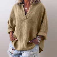 Lorie┃Bequemes Langarmshirt mit V-Ausschnitt – Khaki
