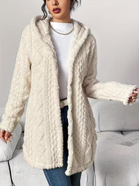 Elegant Hooded Jacquard Plush Cardigan – Beige