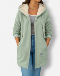 Fleecejacke mit Kapuze für Damen mit weichem Flauschfutter in hüftbedeckender Form – Grün