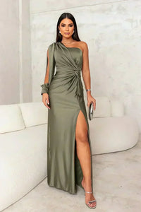 Ingrid | Damen Elegantes One-Shoulder Hochzeitsgast Kleid – Grün