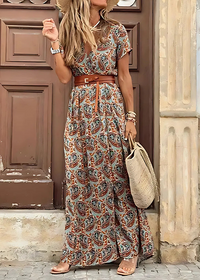 Isabella | Boho Maxikleid mit Paisley und Gürtel – Braun