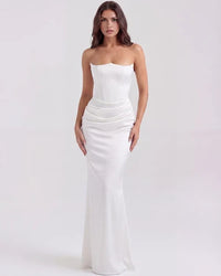 Jana | Damen Figurbetontes Satin Korsett Abendkleid – Weiß