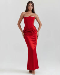 Jana | Damen Figurbetontes Satin Korsett Abendkleid – Rot