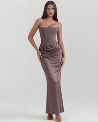 Jana | Damen Figurbetontes Satin Korsett Abendkleid – Khaki