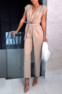 Amelia | Tiefer V-Ausschnitt Gürtel Jumpsuit – Beige