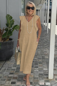 Greta - Elegantes V-Ausschnitt langes locker sitzendes Kleid – Khaki