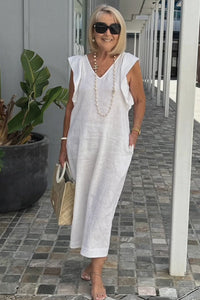 Greta - Elegantes V-Ausschnitt langes locker sitzendes Kleid – Weiß
