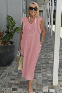 Greta - Elegantes V-Ausschnitt langes locker sitzendes Kleid – Rosa