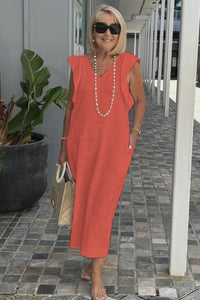 Greta - Elegantes V-Ausschnitt langes locker sitzendes Kleid – Rot