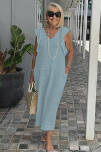 Greta - Elegantes V-Ausschnitt langes locker sitzendes Kleid – Hellblau