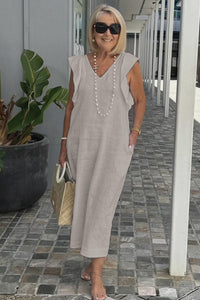 Greta - Elegantes V-Ausschnitt langes locker sitzendes Kleid – Grau