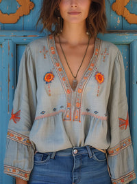 Kerstin | Damen Lässige Boho V-Ausschnitt Bluse – Grau