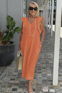 Greta - Elegantes V-Ausschnitt langes locker sitzendes Kleid – Orange