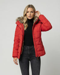 Julia | Damen Winter Gesteppte Kunstfelljacke – Rot