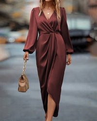 Rosa | Damen Elegantes V-Ausschnitt Satin Kleid mit langen Ärmeln – Burgurd