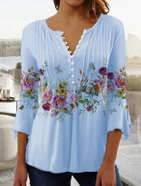 Karoline | Blumige Bluse mit V-Ausschnitt – Hellblau