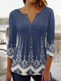 Karoline | Blumige Bluse mit V-Ausschnitt – Blau