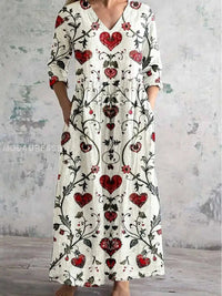 Frauen V-Ausschnitt Blumenmuster Kleid aus Baumwolle und Leinen – A