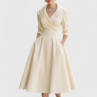 Lea | Damen Elegantes Wickel-Midi-Abendkleid – Beige