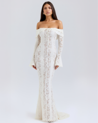 Lea | Damen Figurbetontes Off-Shoulder Maxi Hochzeitsgast Kleid – Weiß