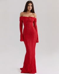 Lea | Damen Figurbetontes Off-Shoulder Maxi Hochzeitsgast Kleid – Rot