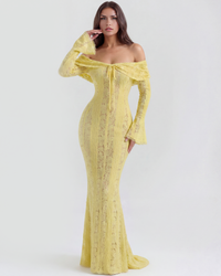 Lea | Damen Figurbetontes Off-Shoulder Maxi Hochzeitsgast Kleid – Gelb
