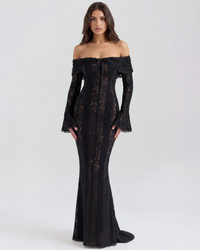 Lea | Damen Figurbetontes Off-Shoulder Maxi Hochzeitsgast Kleid – Schwarz