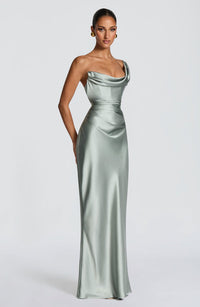 Leni | Damen Figurbetontes One-Shoulder Satin Abendkleid – Grau
