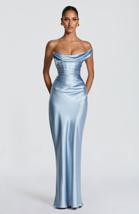 Leni | Damen Figurbetontes One-Shoulder Satin Abendkleid – Blau