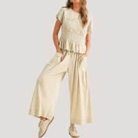 Lirette | Damen Zweiteiler Peplum Top Weite Hose Set – Aprikose