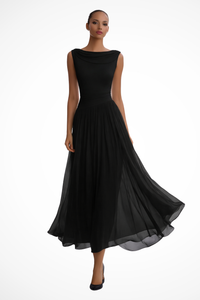 Gianna | Damen Elegantes Hochzeitsgast Kleid mit Boat Neck – Schwarz