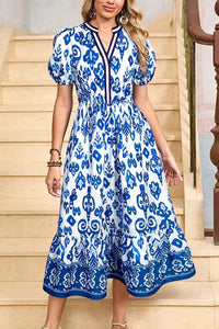 Tessa | Boho Midi-Kleid mit Volant und Puffärmeln – Blau
