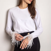 Sayvanna | Langarmshirt mit Federn – Weiß