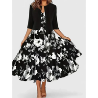 Melanie | Damen Florales Muster Midikleid mit Strickjacke – Schwarz