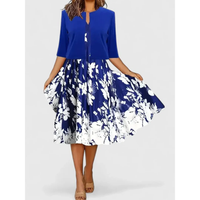 Melanie | Damen Florales Muster Midikleid mit Strickjacke – Blau