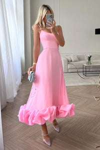 Mathilda | Zartes Spaghettiträger Rüschen Kleid – Rosa