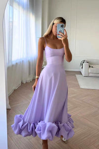 Mathilda | Zartes Spaghettiträger Rüschen Kleid – Lila