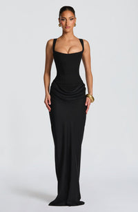 Mia | Damen Formelles Drapiertes Maxi Abendkleid – Schwarz