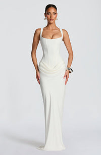 Mia | Damen Formelles Drapiertes Maxi Abendkleid – Weiß