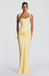 Mia | Damen Formelles Drapiertes Maxi Abendkleid – Gelb