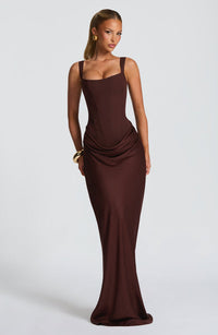 Mia | Damen Formelles Drapiertes Maxi Abendkleid – Braun
