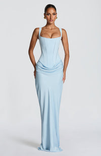 Mia | Damen Formelles Drapiertes Maxi Abendkleid – Blau