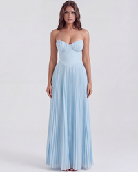 Mila | Damen Elegantes Plissiertes Trägerloses Maxikleid – Blau