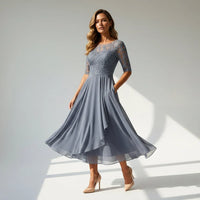 Ella | Damen Festliches Spitzen Midikleid – Grau